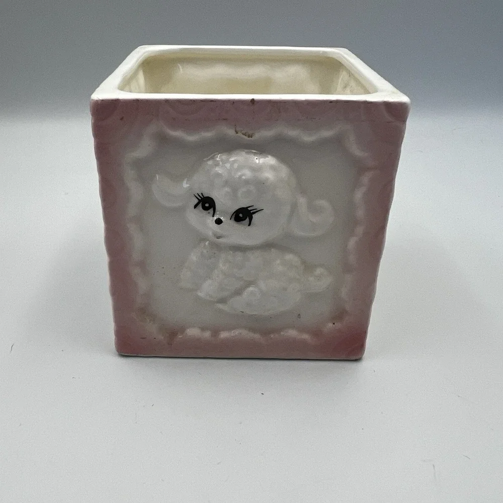 Vintage MCM Pastel Pink Baby Block Nursery Bear Bunny Lamb Planter Ceramic Japan